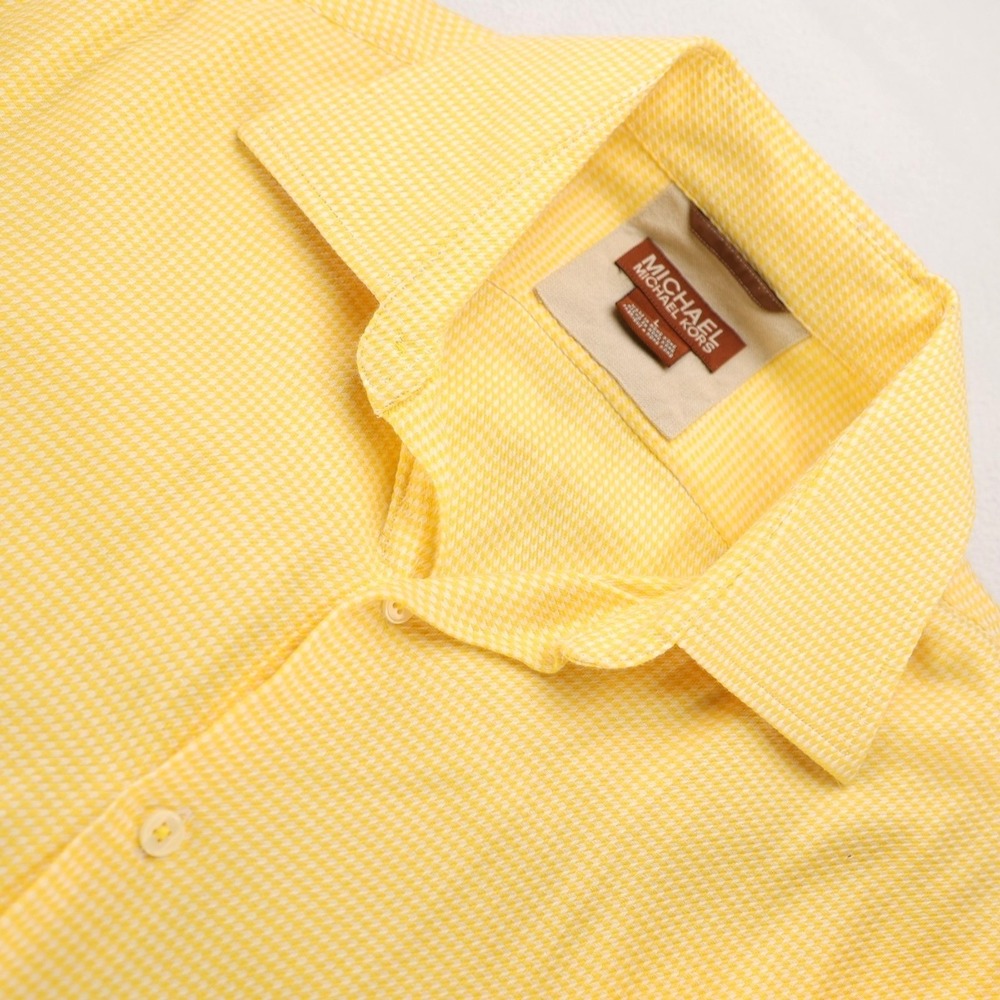 Michael Kors Mens Yellow White Houndstooth Long Sleeve Button Front Shirt Size L
